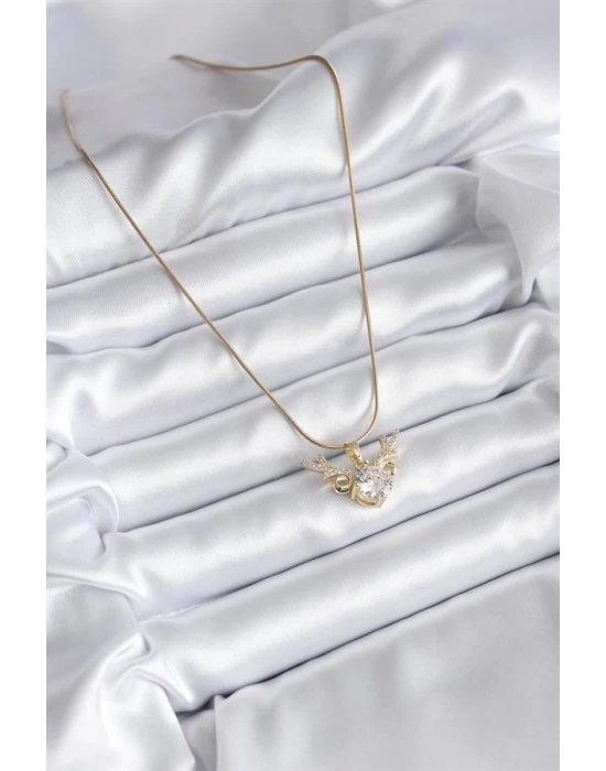 316L Çelik Gold Renk Zirkon Taşlı Boynuz Model Kadın Kolye