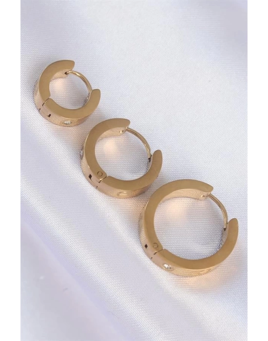 316L Çelik Gold Renk Zirkon Taşlı Model 3lü Halka Küpe