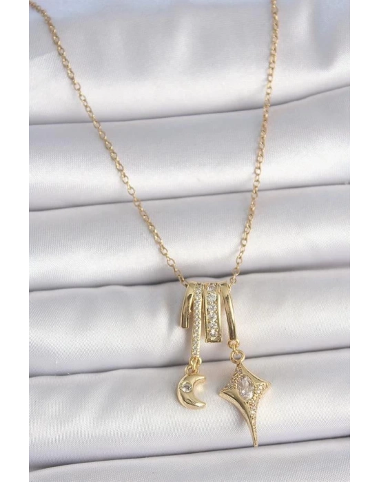 316L Çelik Gold Renk Zirkon Taşlı Sallantı Ay Yıldız Figür Charm Kadın Kolye
