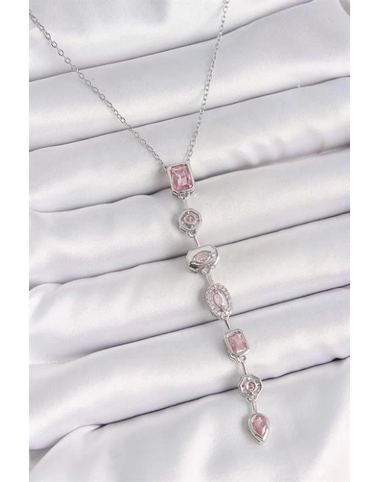 316L Çelik Gümüş Renk Zincir Pembe Zirkon Taşlı Y Model Dekolte Kadın Kolye