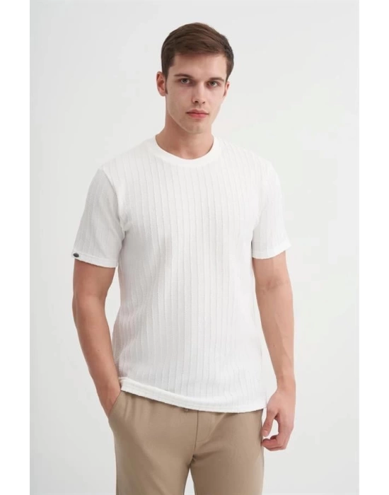 4051 Bisiklet Yaka Desenli Erkek T-Shirt BEYAZ