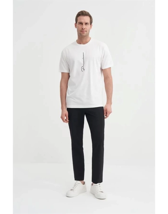 4091 Yazı Baskılı Bisiklet Yaka Erkek T-Shirt Beyaz