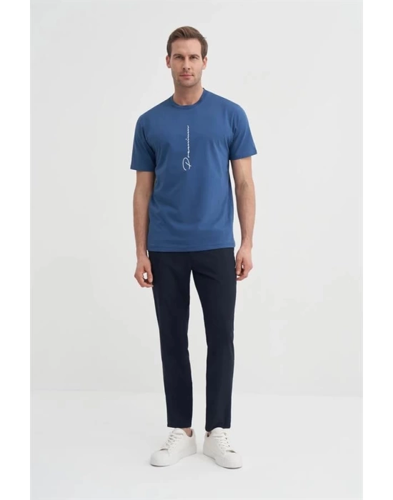 4091 Yazı Baskılı Bisiklet Yaka Erkek T-Shirt Indigo