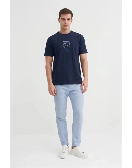 4188 Bisiklet Yaka Baskılı Erkek T-Shirt Lacivert