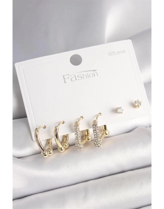 925 Ayar Gümüş Çivi Pirinç Gold Renk Tiffany Halka Model Kadın Küpe Seti