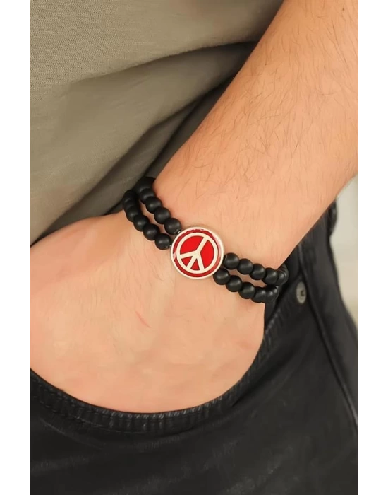 Bordo Renk  Renk Metal Barış Simgesi Tasarımlı Siyah Renk Mat Oniks Doğal Taş Erkek Bileklik