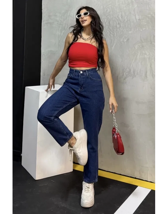 Düz Orta Kadın Mavi Slim Fit Mom pantolon