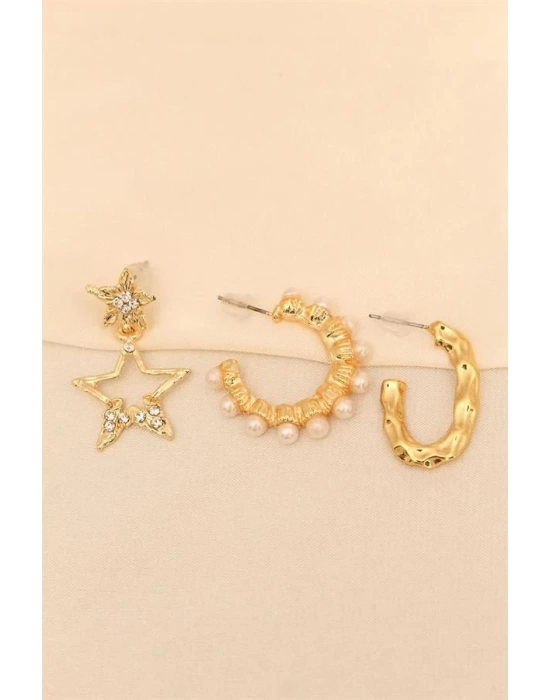 Gold Renk Metal Zirkon Taşlı ve İncili Yıldız Detaylı Küpe Seti