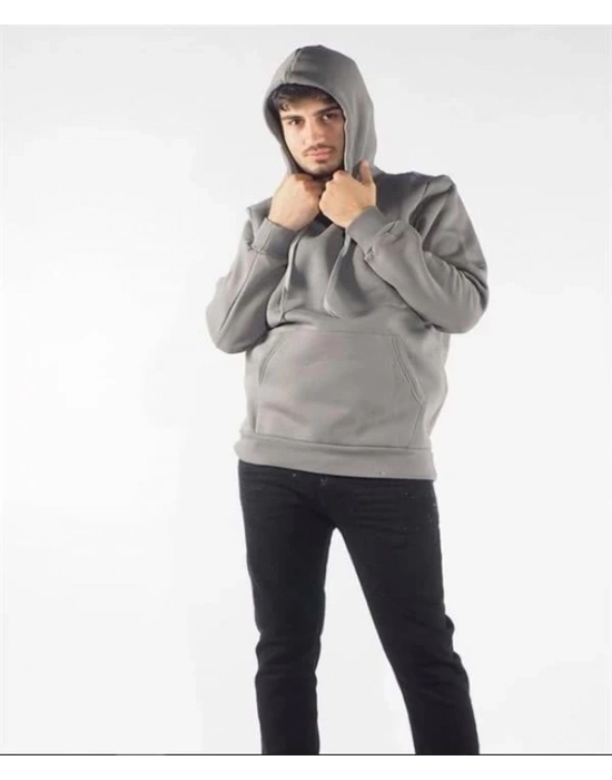 Kapüşonlu Üç İplik Düz Sweatshirt