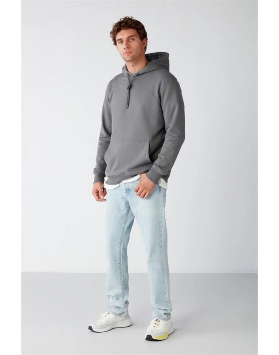 Kapüşonlu Üç İplik Düz Sweatshirt