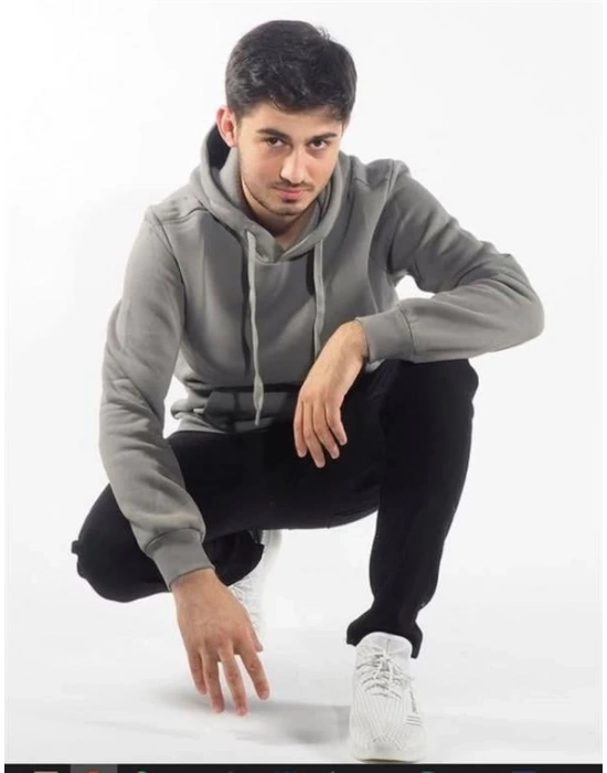 Kapüşonlu Üç İplik Düz Sweatshirt