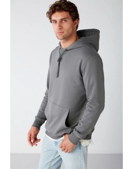 Kapüşonlu Üç İplik Düz Sweatshirt