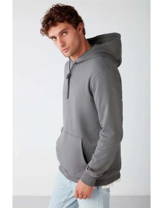 Kapüşonlu Üç İplik Düz Sweatshirt