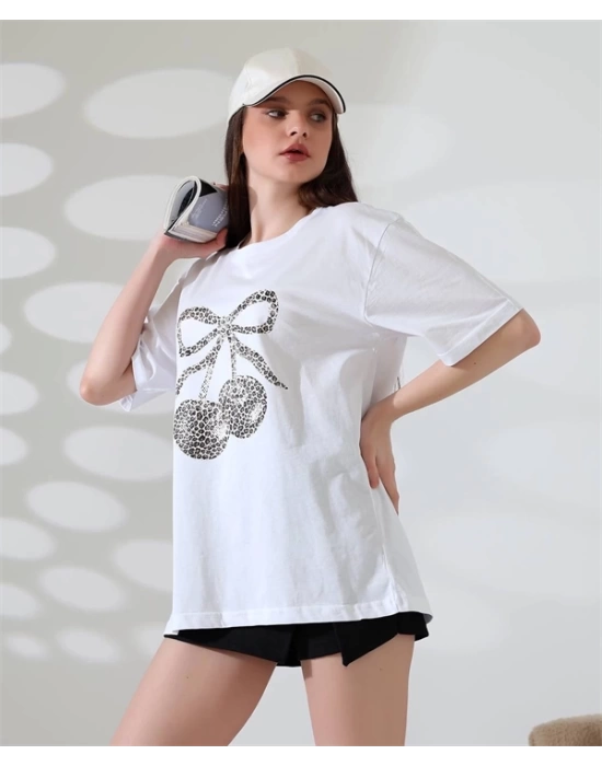 Leopar Desenli kiraz Baskılı Kadın T-Shirt
