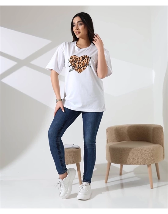 Leopar kalp Baskılı Kadın T-Shirt
