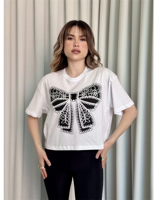 Oversize Beyaz Baskılı Crop Kadın T-Shirt