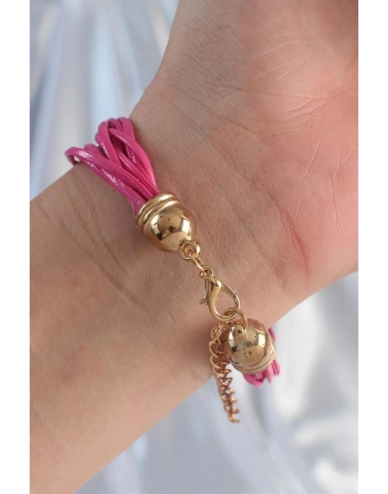 Pembe Renk Zirkon Taşlı İpli Çoklu Bileklik