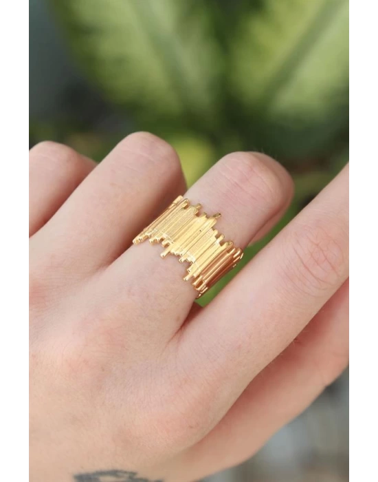 Pirinç Gold Renk Ayarlanabilir Kalın Tırtık Yüzük