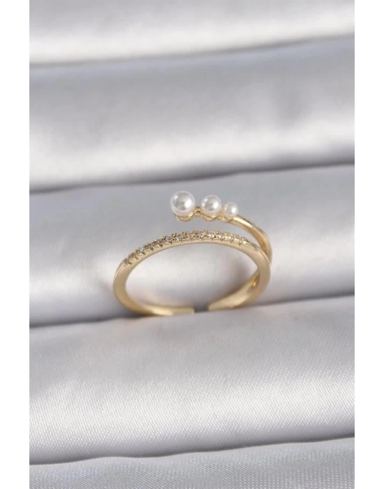 Pirinç Gold Renk Ayarlanabilir Zirkon Taşlı İncili Model Kadın Yüzük