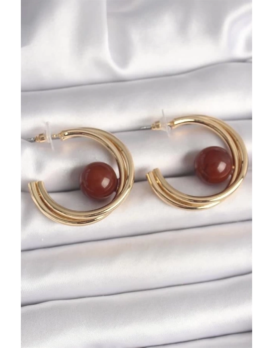 Pirinç Gold Renk Halka Model Kahverengi Boncuk Detay Kadın Küpe