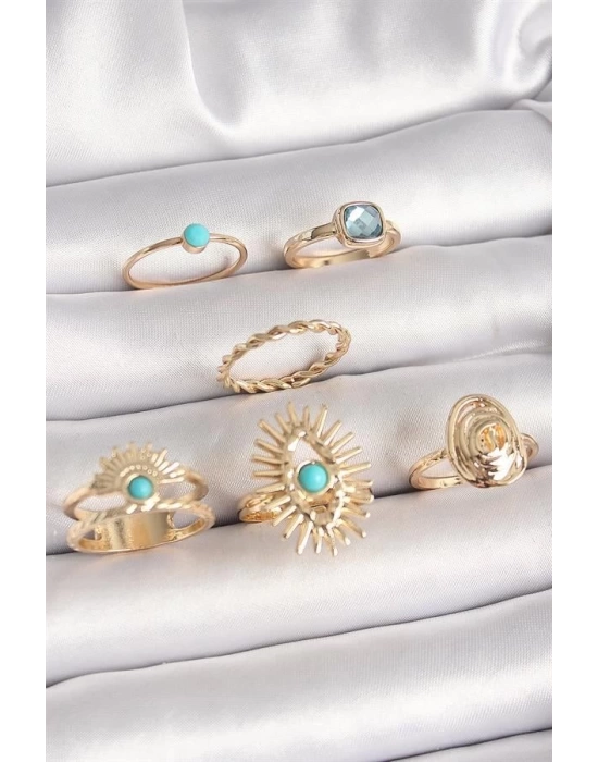 Pirinç Gold Renk Mavi Taşlı Göz Model Kare Zirkon Taşlı Kadın Yüzük Kombini