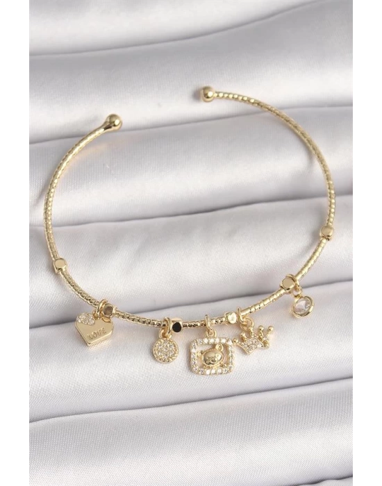 Pirinç Gold Renk Sallantı Zirkon Taşlı Ayıcık Figür Taç Detay Charm Kadın Bileklik