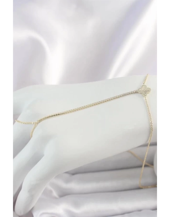 Pirinç Gold Renk Su Yolu Zirkon Taşlı Yonca Model Kadın Şahmeran
