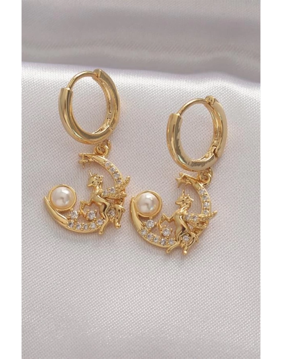 Pirinç Gold Renk Zirkon Taşlı Ay Tasarım Küpe