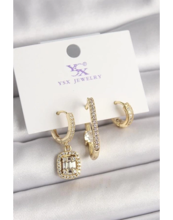 Pirinç Gold Renk Zirkon Taşlı Baget Halka Model 3Lü Kadın Kombin Küpe