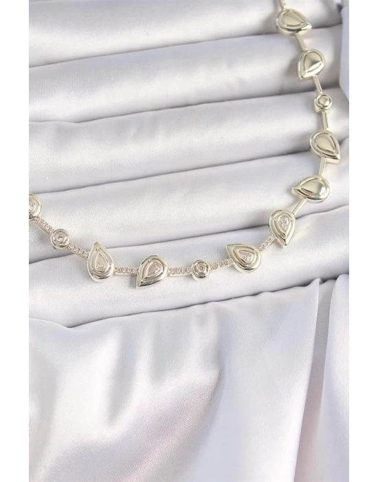 Pirinç Gold Renk Zirkon Taşlı Damla Model VIP Seri Exclusive Kadın Kolye
