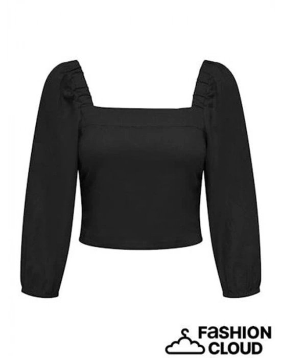 Regular Fit Kare Yakalı Elastık Manşetler Kabarık Kollu Üst
