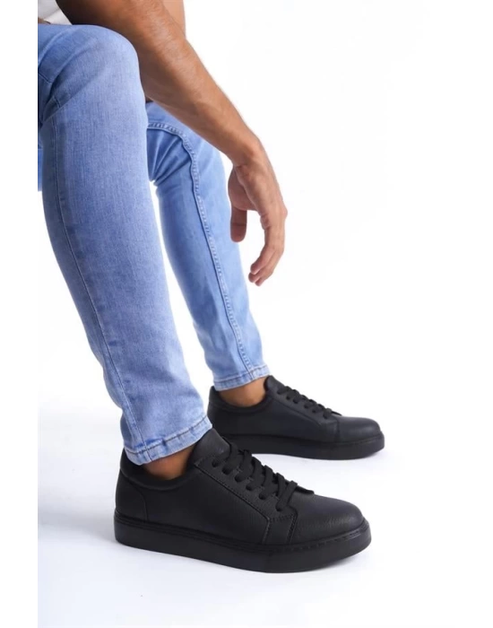 SLW165 Elite Bağcıklı Cilt Erkek Günlük Sneaker Ayakkabı ST - Siyah