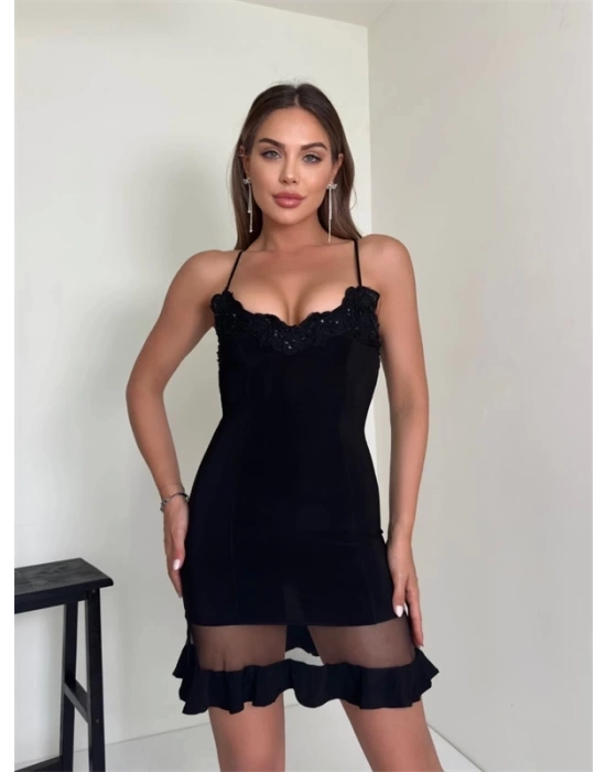 Tül detaylı mini elbise