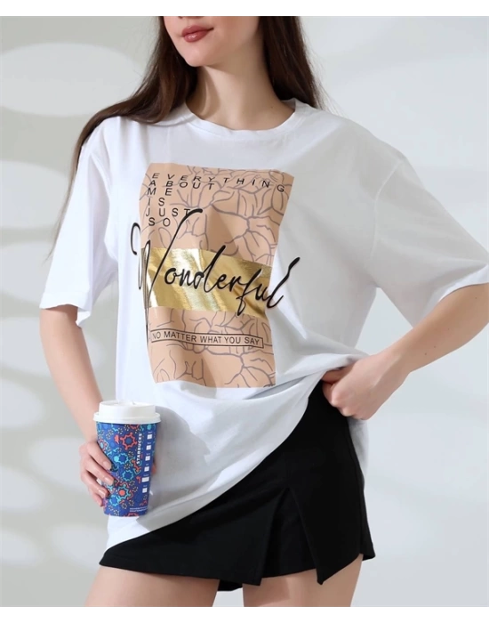 Varak Baskılı imza desen Kadın T-Shirt