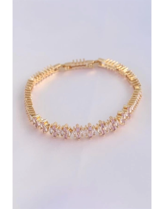 Vip Seri Pirinç Pembe Zirkon Taşlı Gold Renk Baget Model Bileklik