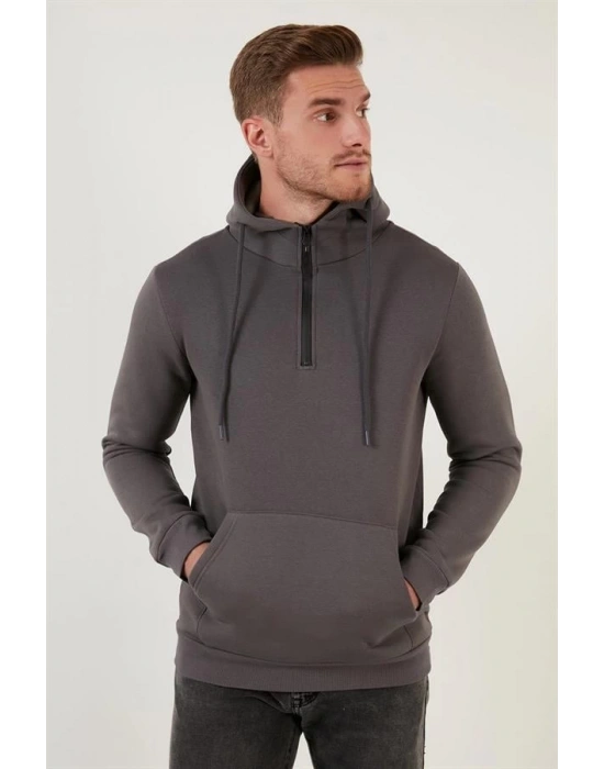 Yarım Fermuarlı Kanguru Cepli Kapüşonlu Erkek Sweatshirt