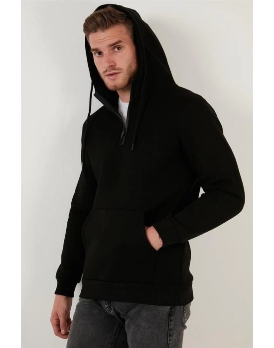 Yarım Fermuarlı Kanguru Cepli Kapüşonlu Erkek Sweatshirt