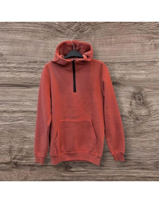 Yarım Fermuarlı Kanguru Cepli Kapüşonlu Erkek Sweatshirt