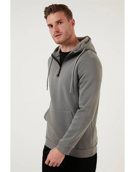 Yarım Fermuarlı Kanguru Cepli Kapüşonlu Erkek Sweatshirt
