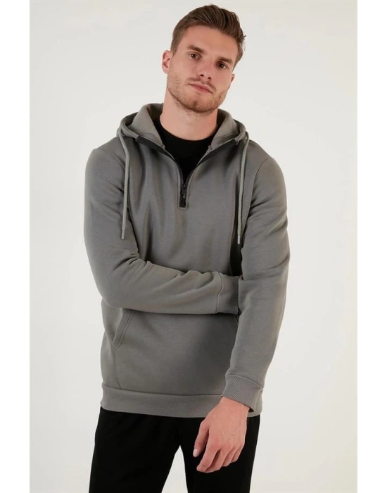 Yarım Fermuarlı Kanguru Cepli Kapüşonlu Erkek Sweatshirt