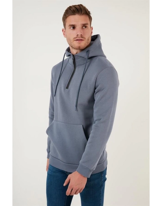 Yarım Fermuarlı Kanguru Cepli Kapüşonlu Erkek Sweatshirt