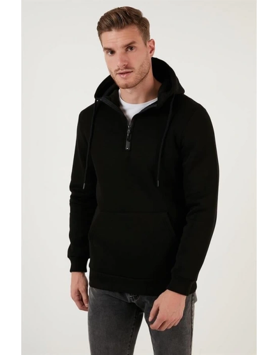 Yarım Fermuarlı Kanguru Cepli Kapüşonlu Erkek Sweatshirt