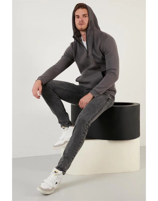 Yarım Fermuarlı Kanguru Cepli Kapüşonlu Erkek Sweatshirt