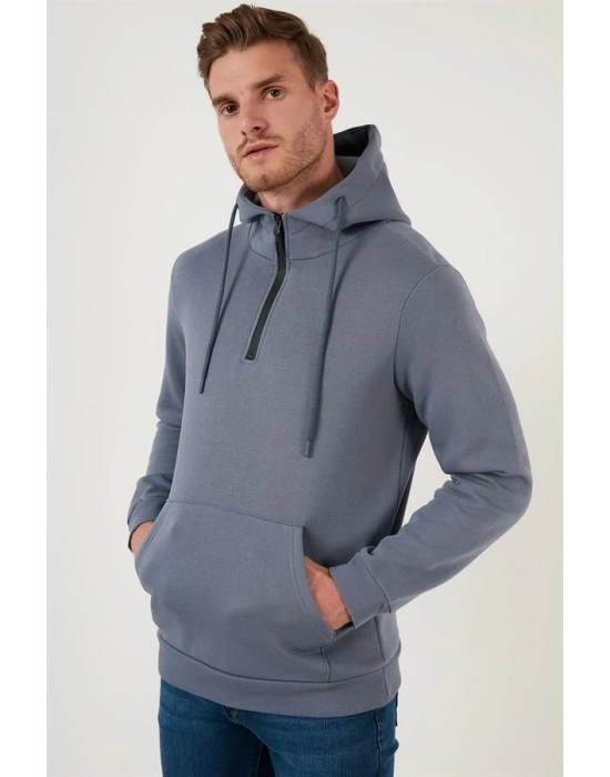 Yarım Fermuarlı Kanguru Cepli Kapüşonlu Erkek Sweatshirt