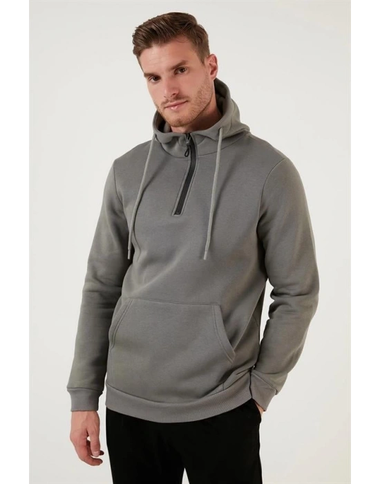Yarım Fermuarlı Kanguru Cepli Kapüşonlu Erkek Sweatshirt