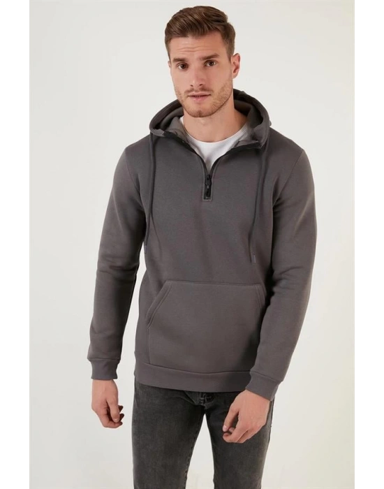Yarım Fermuarlı Kanguru Cepli Kapüşonlu Erkek Sweatshirt