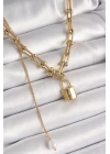 316L Çelik Gold Renk Tiffany Zincir Model Kilit Figür Sallantı İnci Detay Kadın Kolye