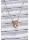 316L Çelik Gold Zincir Pembe Kristal Kalp Model Zirkon Taşlı Kurdele Model Kadın Kolye