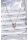 316L Çelik Gold Zincir Pembe Kristal Kalp Model Zirkon Taşlı Kurdele Model Kadın Kolye