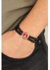 Bordo Renk  Renk Metal Barış Simgesi Tasarımlı Siyah Renk Mat Oniks Doğal Taş Erkek Bileklik